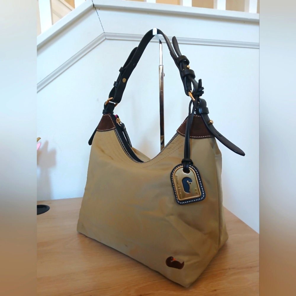 Dooney Bourke Khaki Green Nylon Whiskey Brown Leather Trim Hobo Shoulder Handbag